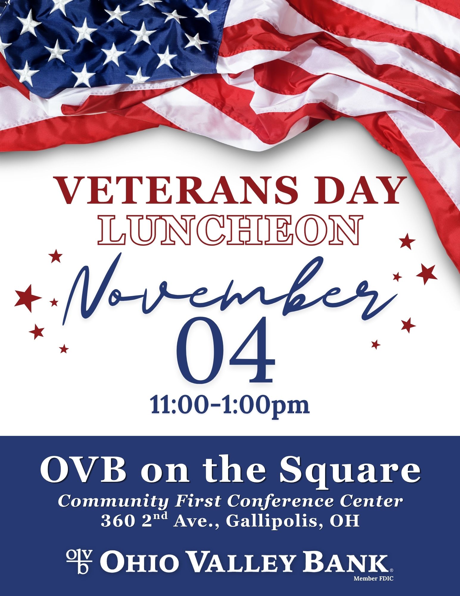 Veterans Day Luncheon Nov. 4, 2026, 11 am to 1 pm, at o.v.b. on the Square in Gallipolis