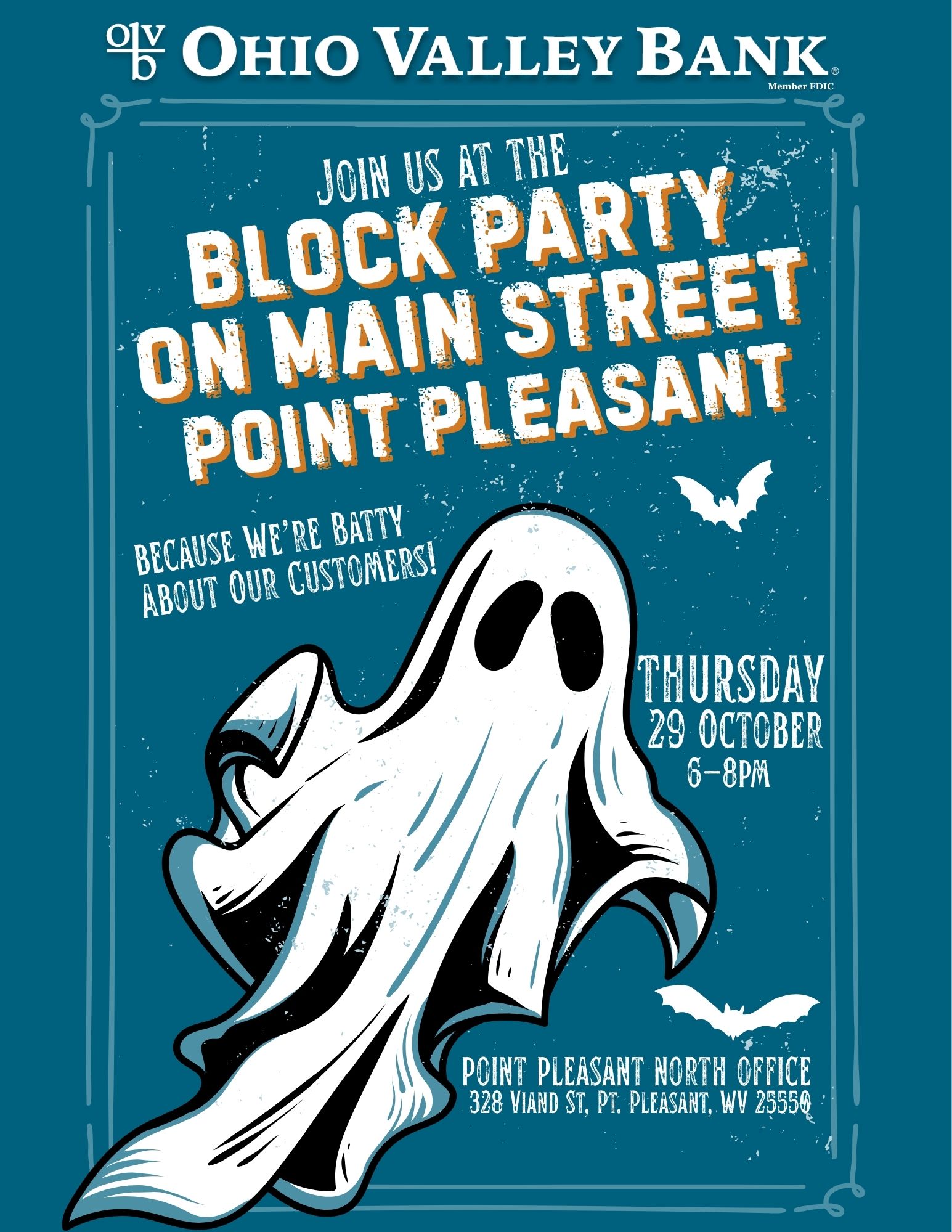 on thursday october 29th from 6 p.m. until 8 p.m. the o.v.b. point pleasant north office will be participating in the block party on main street