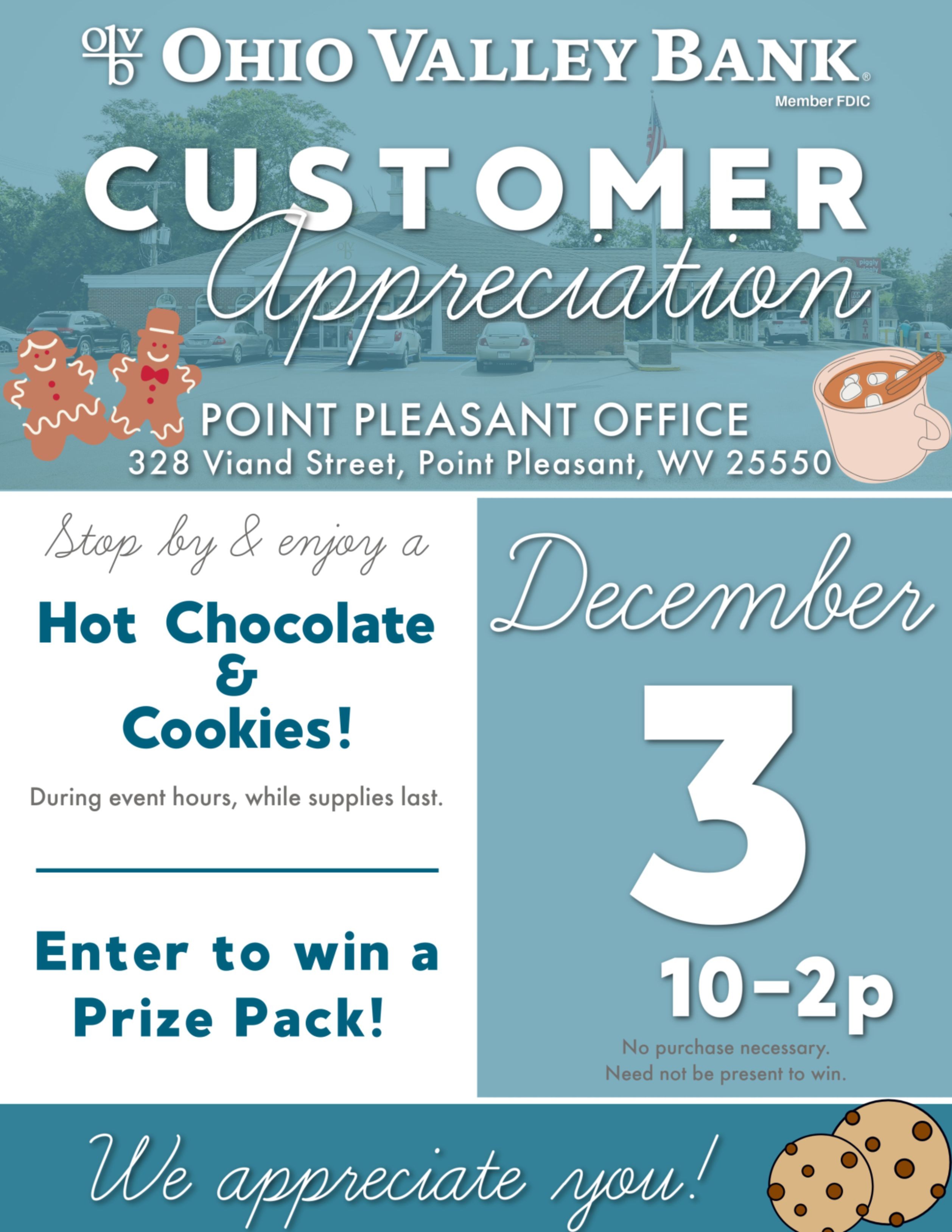 o v b in point pleasant will be hosting a customer appreciation event on December third, from 10 a.m. until 2 p.m.