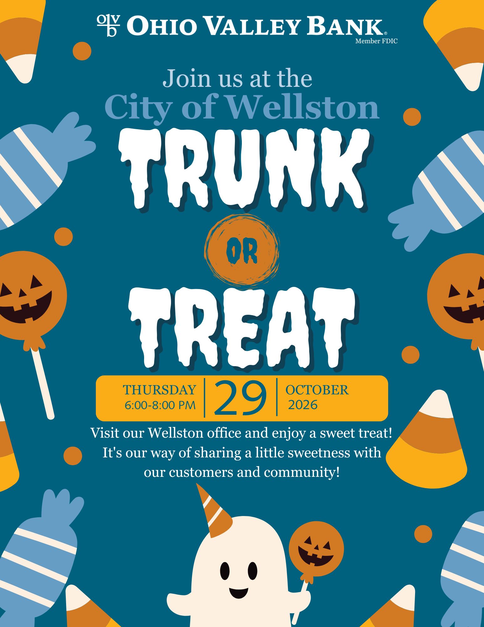 an image of a cartoon ghost holding candy. the accompanying text states: o.v.b. wellston office will be participating in the city's trunk or treat on Thursday, October 26 from 6 p.m. until 8 p.m.