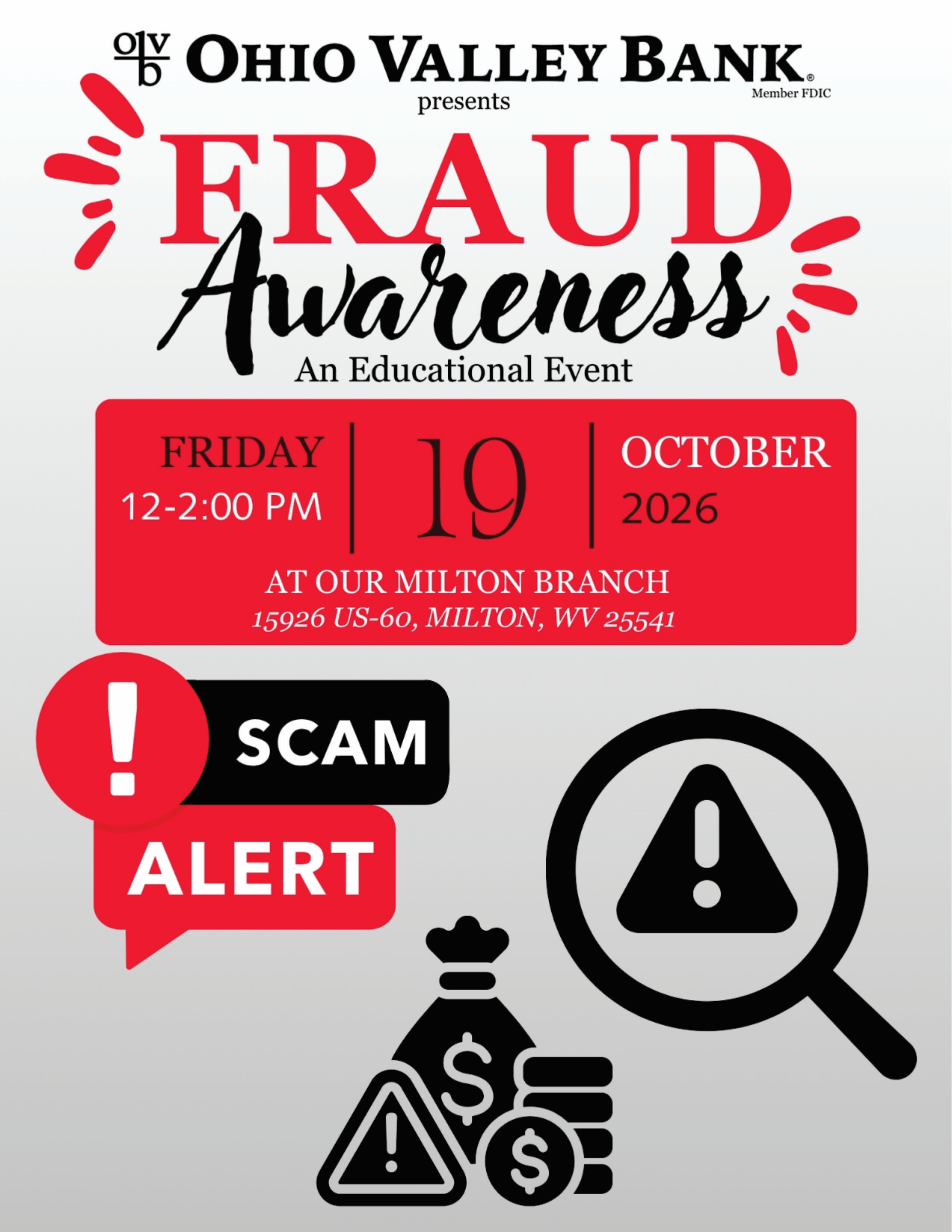 OVB Milton is hosting a fraud awareness event on October 19, from 12 p.m. through 2 p.m.